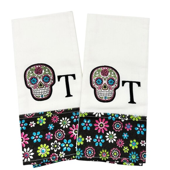 Day Of The Dead Embroidered Kitchen Towels Floral Trim Set Of 2 Sugar Skulls - Picture 2 of 7
